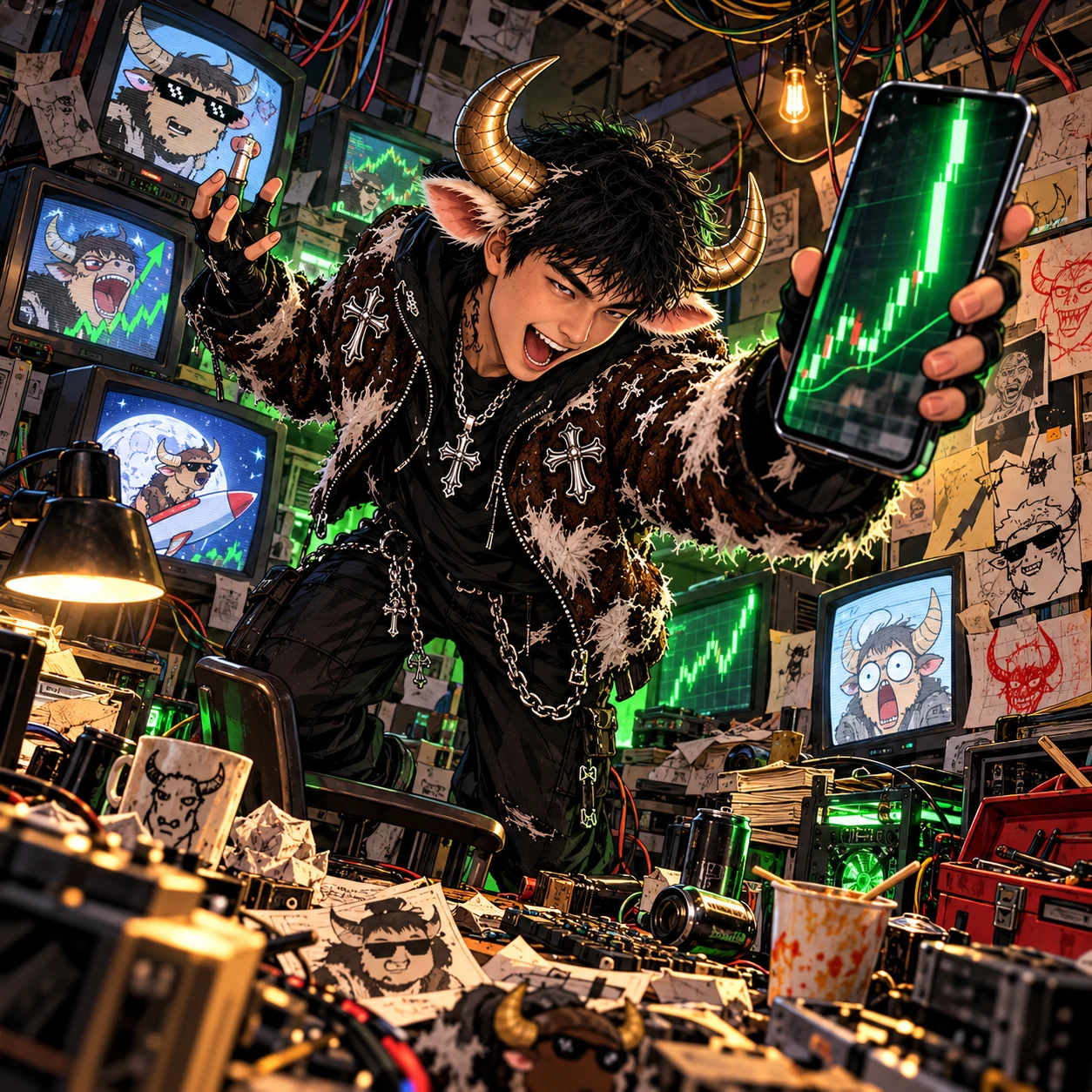 Bullchi in his trading den, grinning and holding up a phone with a green candle chart, surrounded by CRT monitors of bull memes